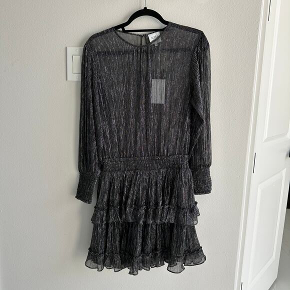 Misa Los Angeles Black Metallic Long Sleeve Tiered Mini Dress Size Small - Picture 1 of 7